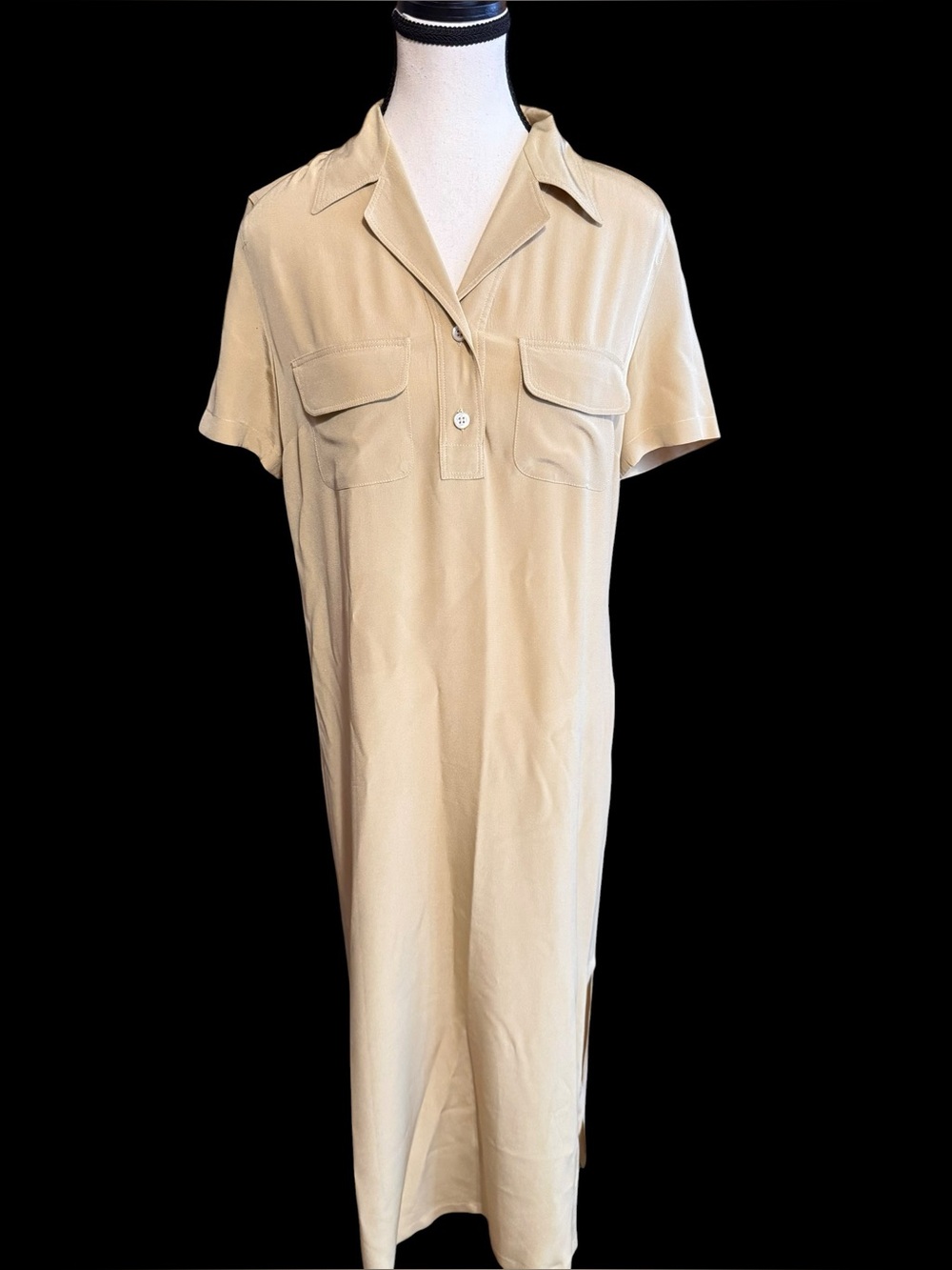 Weekend Max Mara 100% Silk Safari Maxi Shirt Dress Tan Made Italy Utility